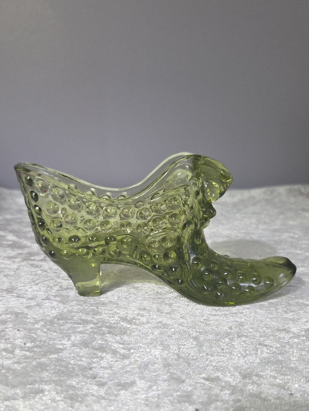 Fenton Hobnail Cathead Olive Green Glass Shoe Figurine